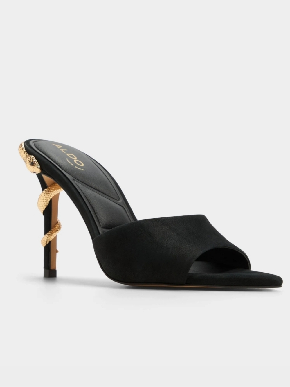 Aldo Seashella Slip On Stiletto Heels Mule Sandals Black Suede Gold Snake 6 - Picture 3 of 13